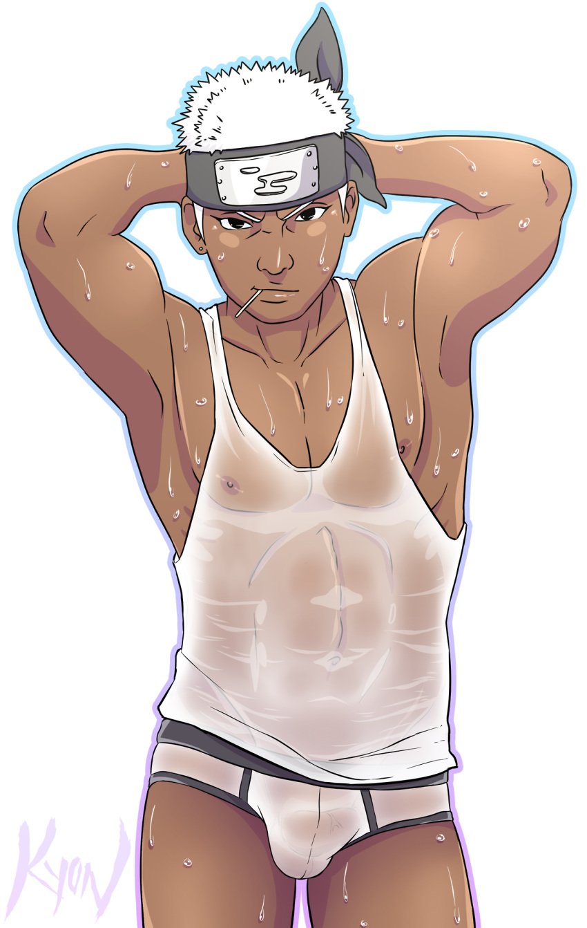 1boy abs arms_up biceps black_eyes bulge crotch dark-skinned_male dark_skin forehead_protector headband human human_only kyon_(artist) looking_at_viewer male male_focus male_nipples male_only muscle muscles muscular muscular_male naruto naruto_shippuden nipples omoi pose posing presenting silver_hair simple_background sleeveless sleeveless_shirt solo solo_focus solo_male standing uncensored underwear wet wet_body wet_clothes wet_clothing wet_underwear white_background white_hair white_shirt white_topwear white_underwear