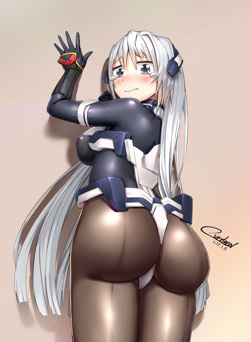 against_wall armor artist_request ass blue_eyes blush bodysuit breasts curvy embarrassed female from_behind gloves headgear hips horizon_ariadust kyoukaisenjou_no_horizon large_ass long_hair looking_at_viewer looking_back medium_breasts pantyhose shiny shiny_clothes shiny_hair sideboob silver_hair solo teardrop tears thick_thighs thighs very_long_hair wide_hips