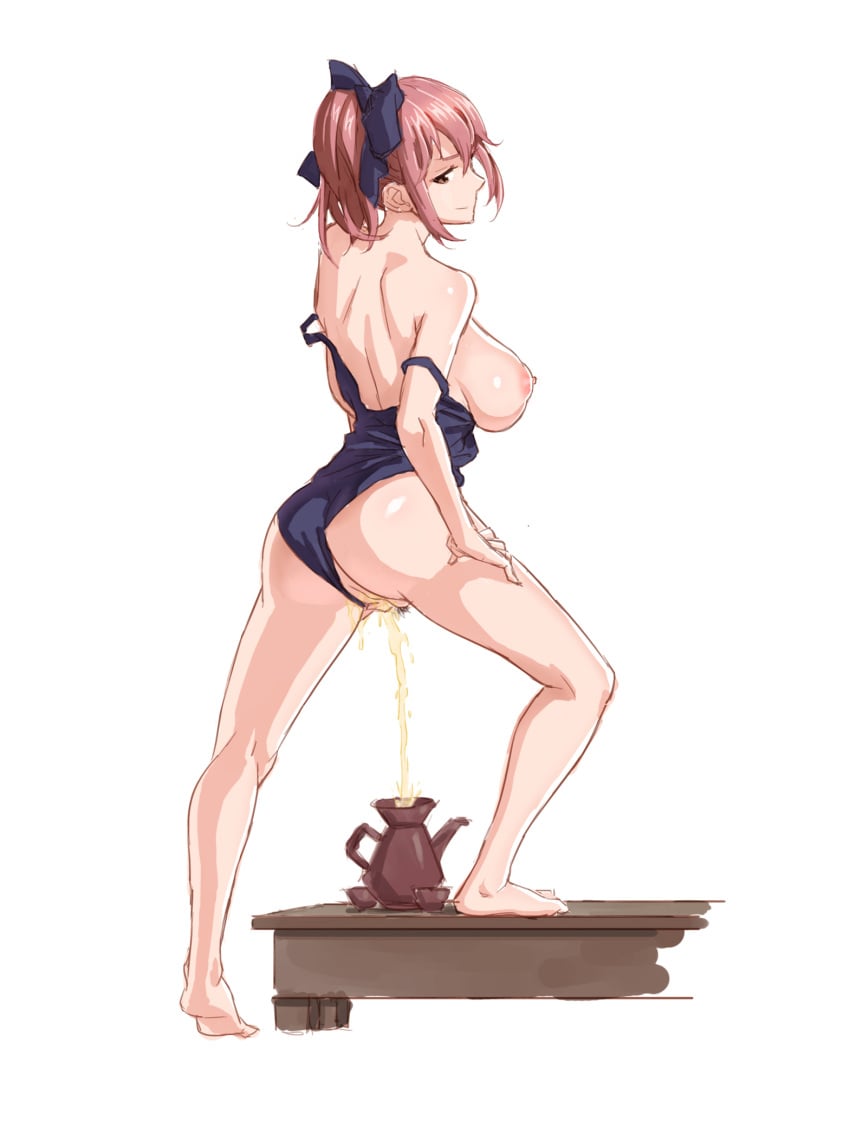 ass barefoot blue_swimsuit bow breasts brown_eyes cup female hairbow highres kettle large_breasts looking_back maken-ki! nipples one-piece_swimsuit partially_undressed peeing peeing_in_cup pink_hair ponytail profile pubic_hair rokujou_minori simple_background smile solo swimsuit swimsuit_aside white_background zjl_baiqishi