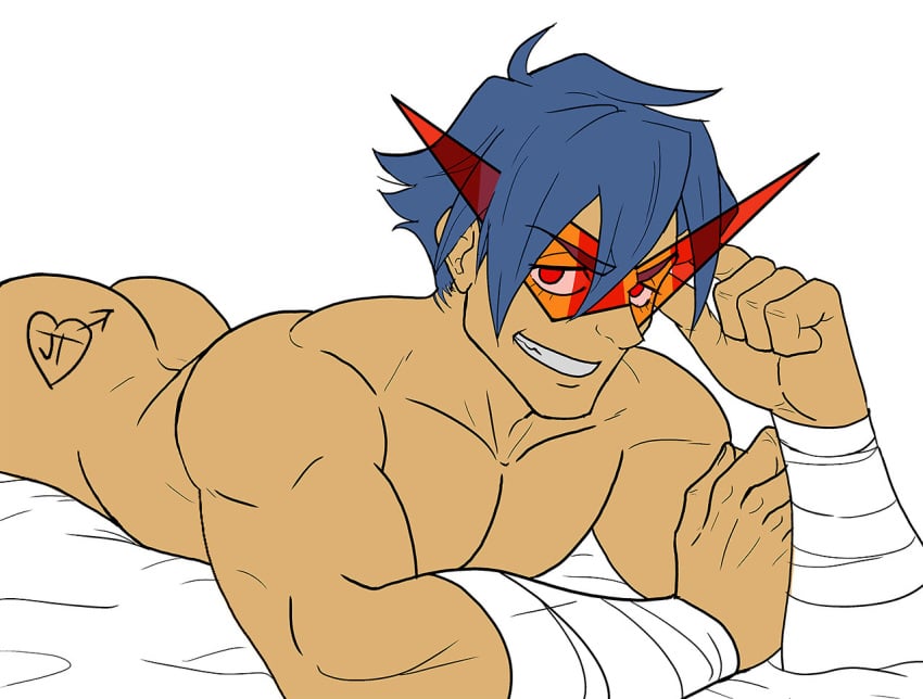 1boy ass blue_hair body_writing glasses jaytee lying male_focus muscle nude smile solo teeth