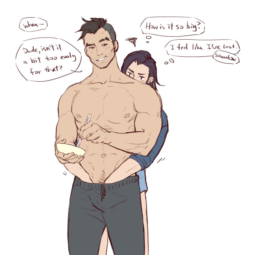 2boys artist_request black_hair bowl brown_eyes chopsticks craig_cahn dialogue dream_daddy:_a_dad_dating_simulator gay groping hand_in_pants hands_in_pants human male male_focus male_only multiple_boys muscles navel partially_clothed reach_around shirtless smile solo_focus source_request sweatpants tagme topless undercut undressing yaoi