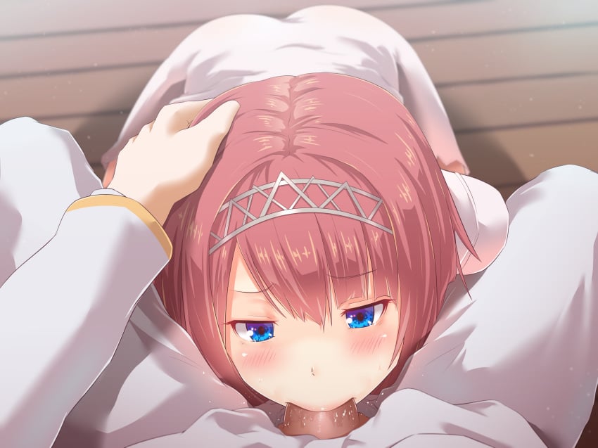 1boy absurdres admiral_(kantai_collection) ark_royal_(kantai_collection) blue_eyes bob_cut clothed_sex fellatio female hand_on_another's_head highres jacket kantai_collection long_sleeves oral pants penis pov red_hair short_hair solo_focus straight tiara twinameless white_jacket white_pants wooden_floor