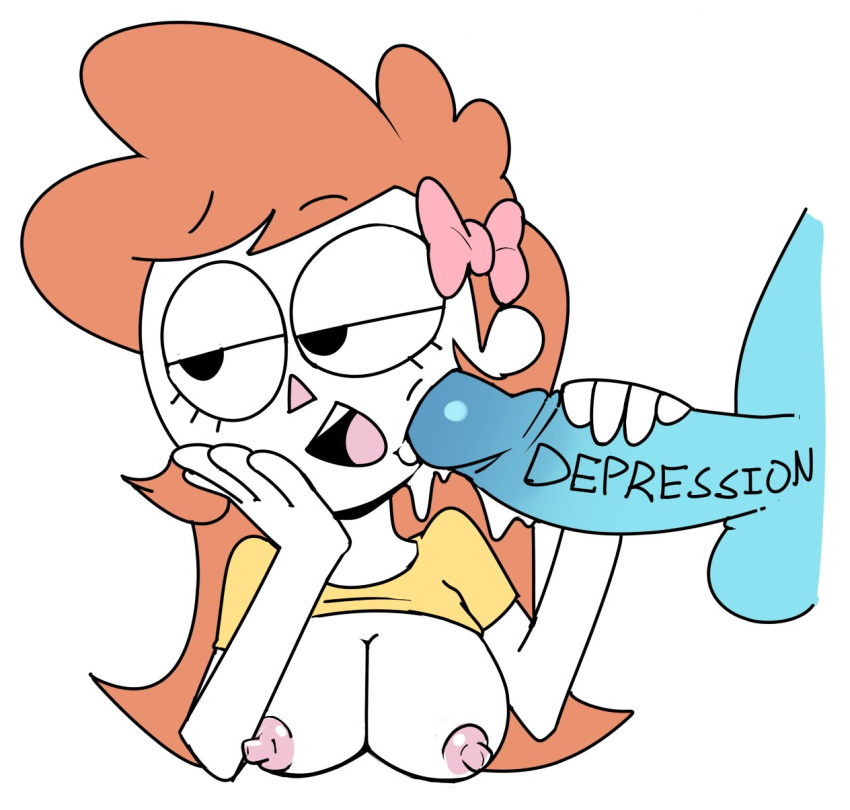 1boy blue_skin breasts breasts_out brown_hair depression_(personification) edit female filthypally fucked_in_every_way handjob open_mouth owlturd penis pink_nipples rule_63 shen_(shencomix) shencomix webcomic white_skin