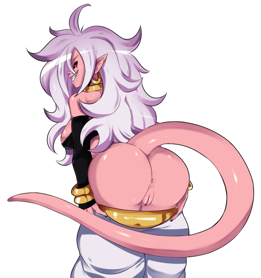 1girls 2010s android_21 anus ass big_ass black_sclera breasts dark_persona dat_ass dragon_ball dragon_ball_fighterz earrings female humanoid long_hair looking_at_viewer looking_back majin majin_android_21 monster_girl mooning pink_skin pointy_ears pussy radlionheart red_eyes solo tail white_hair