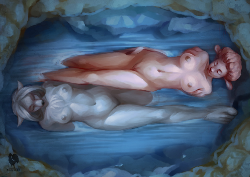 anthro canine caprine duo female gallonegro hi_res mammal navel nipples nude partially_submerged pussy water wolf