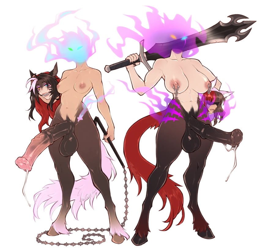 2futas animal_ears animal_genitalia dullahan futanari horsecock nipple_piercing shysiren weapon