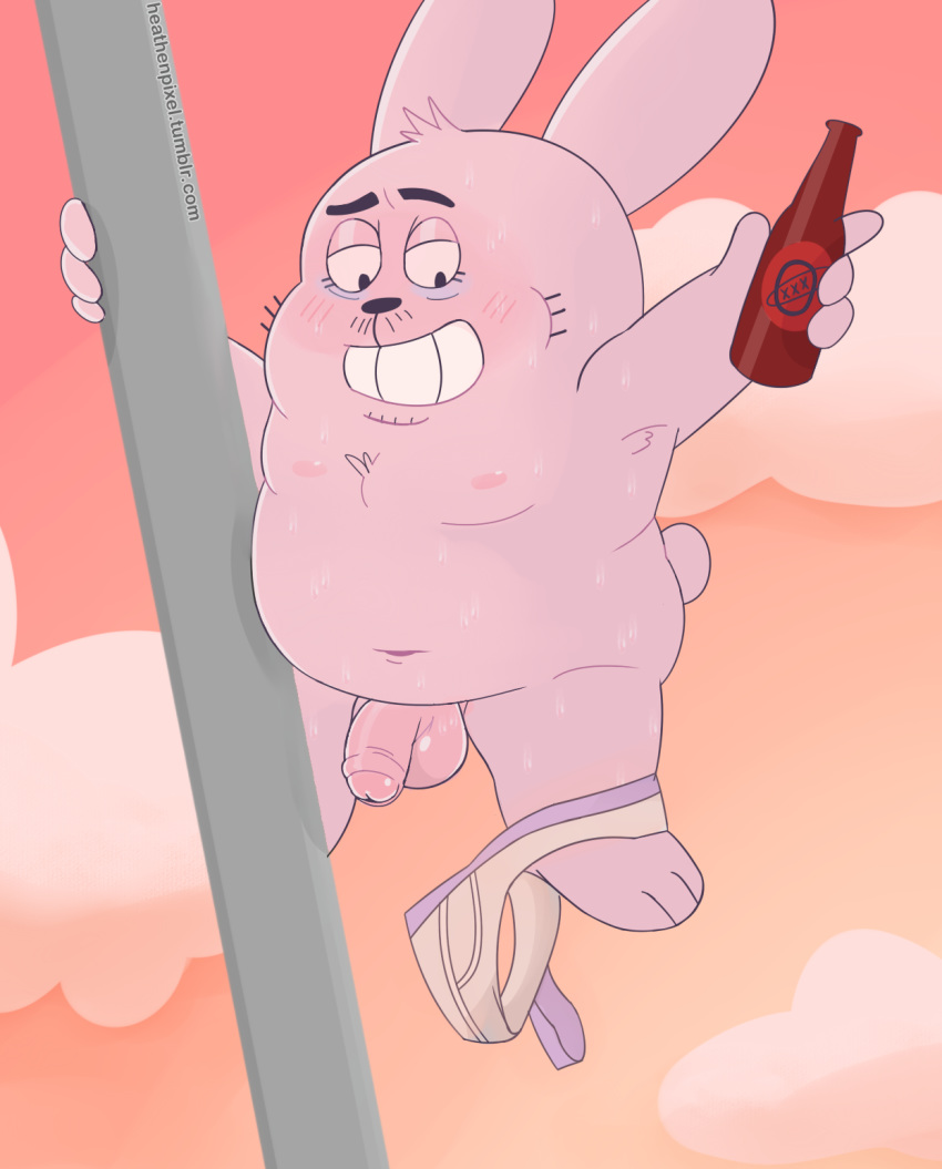 alcohol anthro balls beer beverage blush cartoon_network clothing drunk father flaccid foreskin glans jojofluffy lagomorph male male_only mammal nipples nude overweight pants_around_one_leg parent partially_retracted_foreskin penis rabbit richard_watterson smile solo streaking the_amazing_world_of_gumball uncut underwear