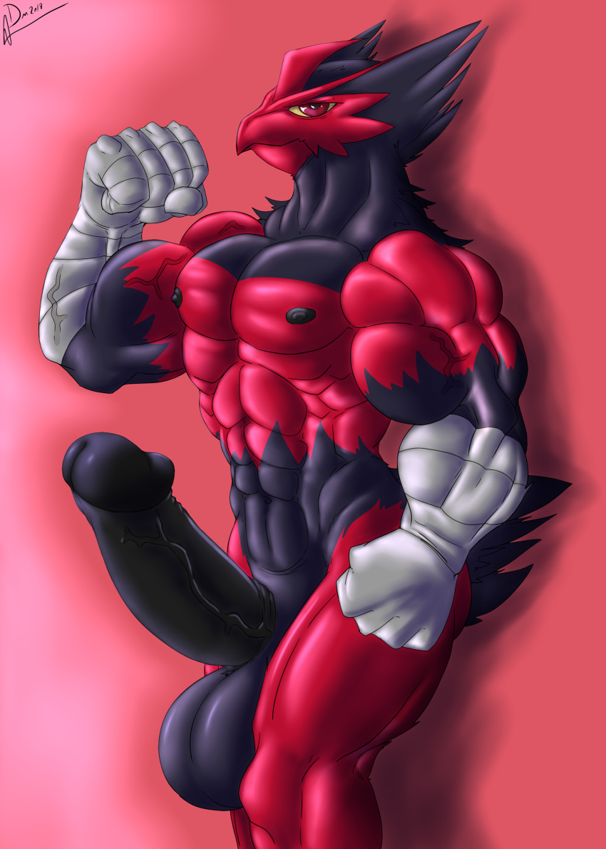 2018 abs absurd_res anthro avian balls biceps big_balls big_muscles big_penis bird blaziken claws dark-moltres digital_media_(artwork) erection fur hair hi_res huge_balls humanoid_penis hyper hyper_balls hyper_penis looking_at_viewer male male_only mega_blaziken mega_evolution muscular muscular_male navel nintendo nipples nude pecs penis pokemon pokemon_(species) red_eyes simple_background smile solo standing thick_thighs vein veiny_penis video_games