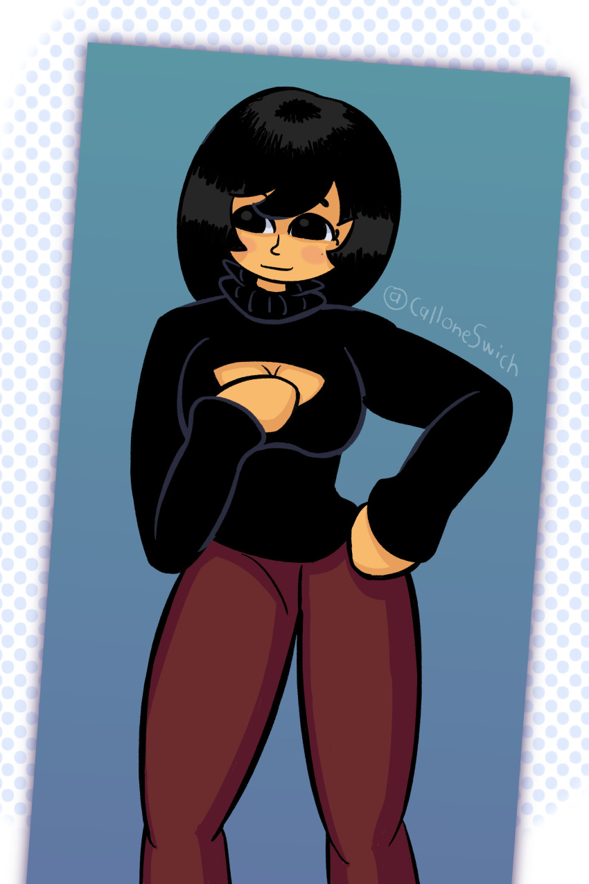 1girls artist_request ava_(gazoogaloo) black_eyes black_hair black_sweater black_turtleneck black_turtleneck_sweater blush breasts burgundy_pants cleavage cleavage_cutout female large_breasts mii mole mole_under_eye nintendo oc pants short_hair solo solo_female solo_focus sweater turtleneck