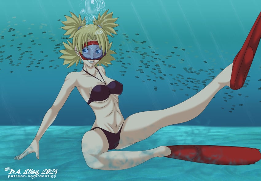 1girls bikini blonde_hair blue_eyes dastigy female female_only fins flippers naruto naruto_(series) red_fins scuba_fins scuba_gear scuba_mask solo solo_female solo_only temari underwater