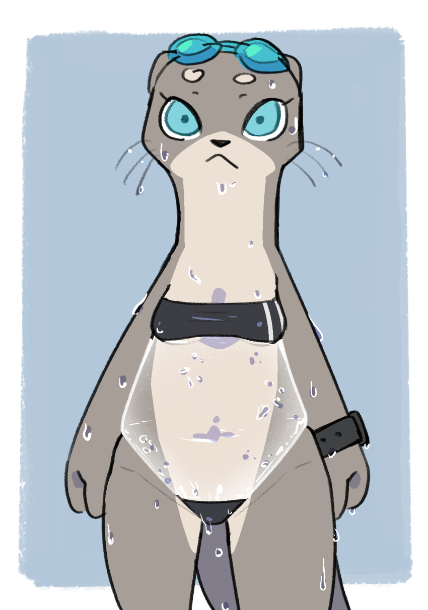 1girls 2022 breasts cyan_eyes female female_only furry furry_only grey_body gris_swimsuit kemokin_mania looking_at_viewer ms._ota_(kemokin_mania) navel otter simple_background small_breasts smartwatch swimming_goggles swimsuit tail wet wet_body whiskers