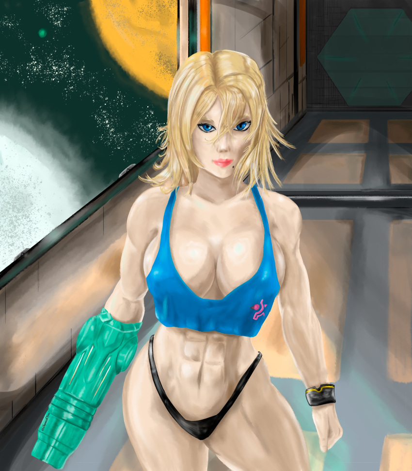 2d 2d_(artwork) abs black_panties blonde_hair giant_breasts huge_breasts isquashyou looking_at_viewer metroid mole nintendo nipple_bulge samus_aran smile space wide_hips