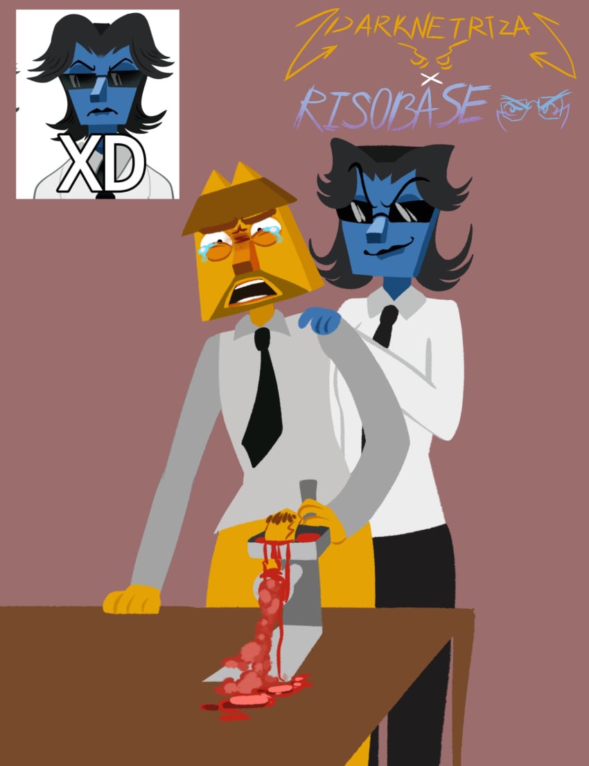 blood blue_skin blum_(risobase) catleps_(gangpol_und_mit) collaboration crying darknetriza destroyed_cock female gangpol_and_mit genital_mutilation geometric gore guro male meat_grinder non_suitable_content risobase tagme tagme_(character) yellow_skin