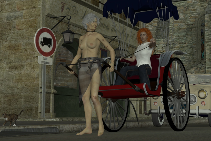 2girls 3d clothed_female_topless_female female female_only grey_hair older_female orange_hair original slave slave_labor topless topless_female turnkey97