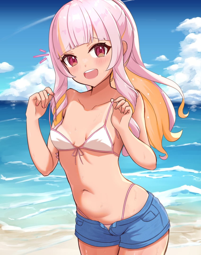 1girls bare_midriff bare_shoulders beach beach_background belly_button bikini blush exposed_shoulders exposed_torso female hi_res highres light_orange_hair looking_at_viewer mouth_open navel nijisanji nijisanji_en open_mouth pink_hair red_eyes rosemi_lovelock sea short_shorts shorts small_breasts solo solo_female solo_focus sweat sweating sweaty tan_body tan_skin tanned tanned_female tanned_skin telomere tummy two_tone_hair unbuttoned_shorts undone_bra virtual_youtuber water