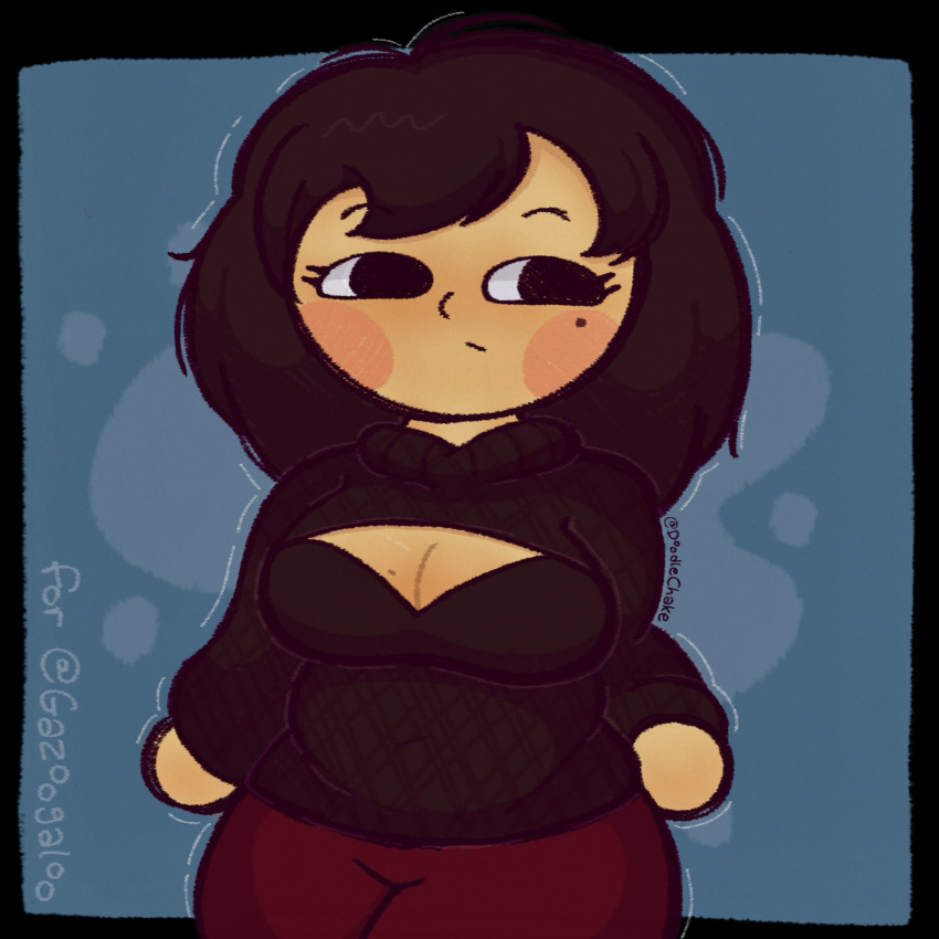 1girls artist_request ava_(gazoogaloo) black_eyes black_hair black_sweater black_turtleneck black_turtleneck_sweater blush breasts burgundy_pants cleavage cleavage_cutout female large_breasts mii mole mole_on_breast mole_under_eye nintendo oc pants short_hair solo solo_female solo_focus sweat sweater turtleneck