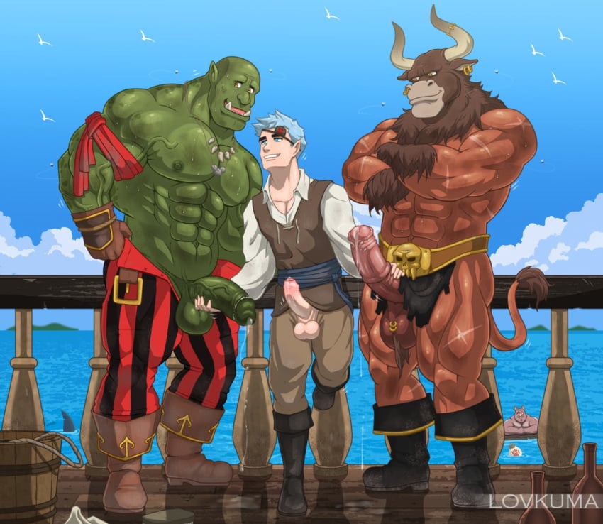 3boys abs amber_eyes animal_penis anthro artist_name background_character bald ball_tuft balls ballsack bara beefy biceps blue_eyes blue_hair body_hair boots bovine brown_hair dangling_testicles ear_piercing elf equine_penis erection facial_piercing foreskin foreskin_folds gay gay_sex genital_piercing green_skin hairy_male horns horsecock humanoid humanoid_penis intact loincloth loincloth_lift lovkuma low_hanging_balls male male/male male_nipples male_only mammal manly masculine mature_male medial_ring minotaur muscles muscular_male nose_piercing nose_ring ocean open_pants orc partially_retracted_foreskin pecs penis piercing pirate pointy_ears precum retracted_foreskin sailors scrotum scrotum_piercing scrotum_rings shaved_crotch smegma smooth_penis smooth_skinned_male sweat tail tail_tuft testicles tusks uncut veiny_penis