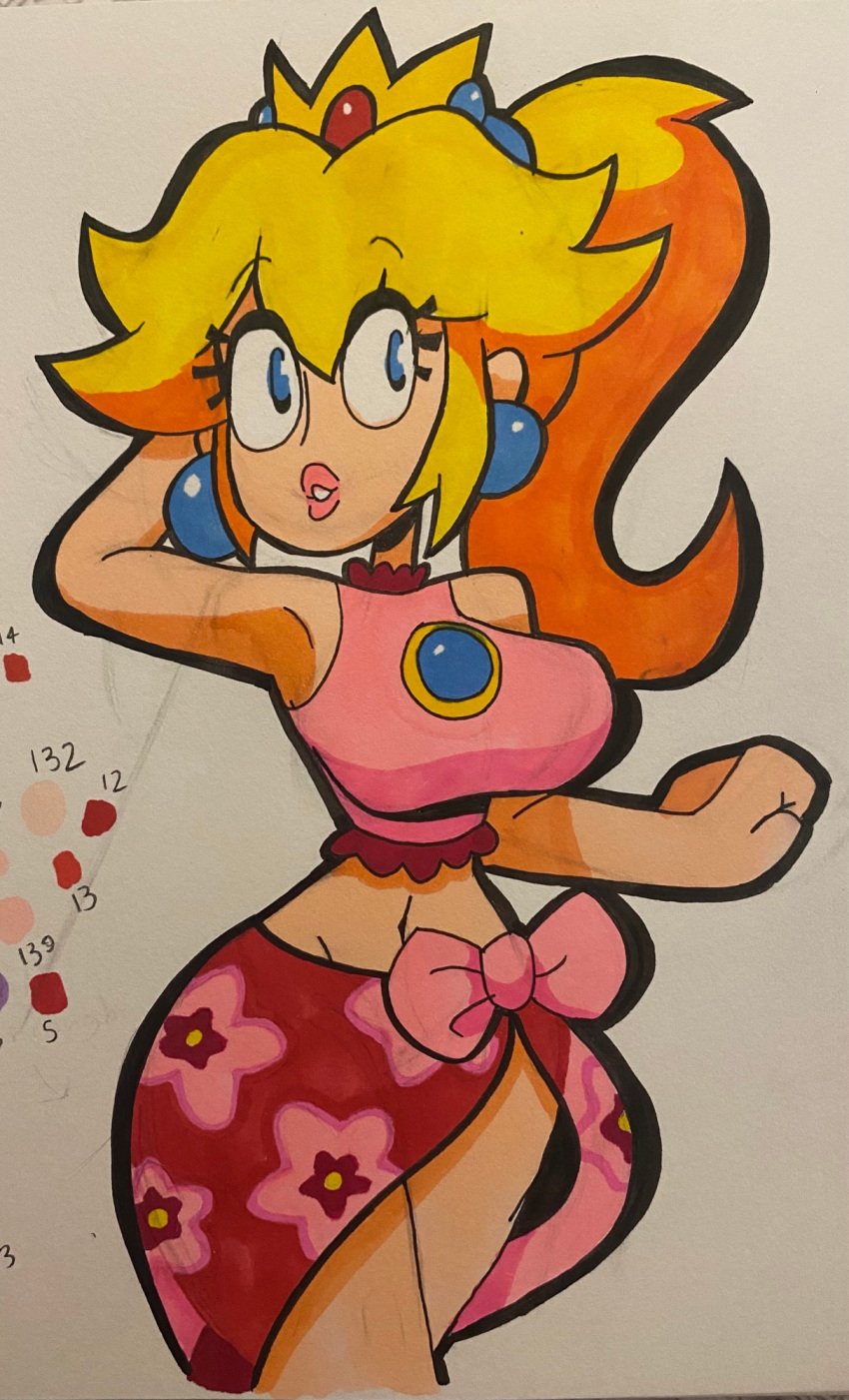 1girls big_breasts blonde_female blonde_hair blue_eyes bluesky_link breasts colored female female_focus female_only jaktroose lipstick looking_to_the_side mario_(series) nintendo paper pink_lips ponytail pose posing princess_peach summer super_mario_bros. yellow_hair