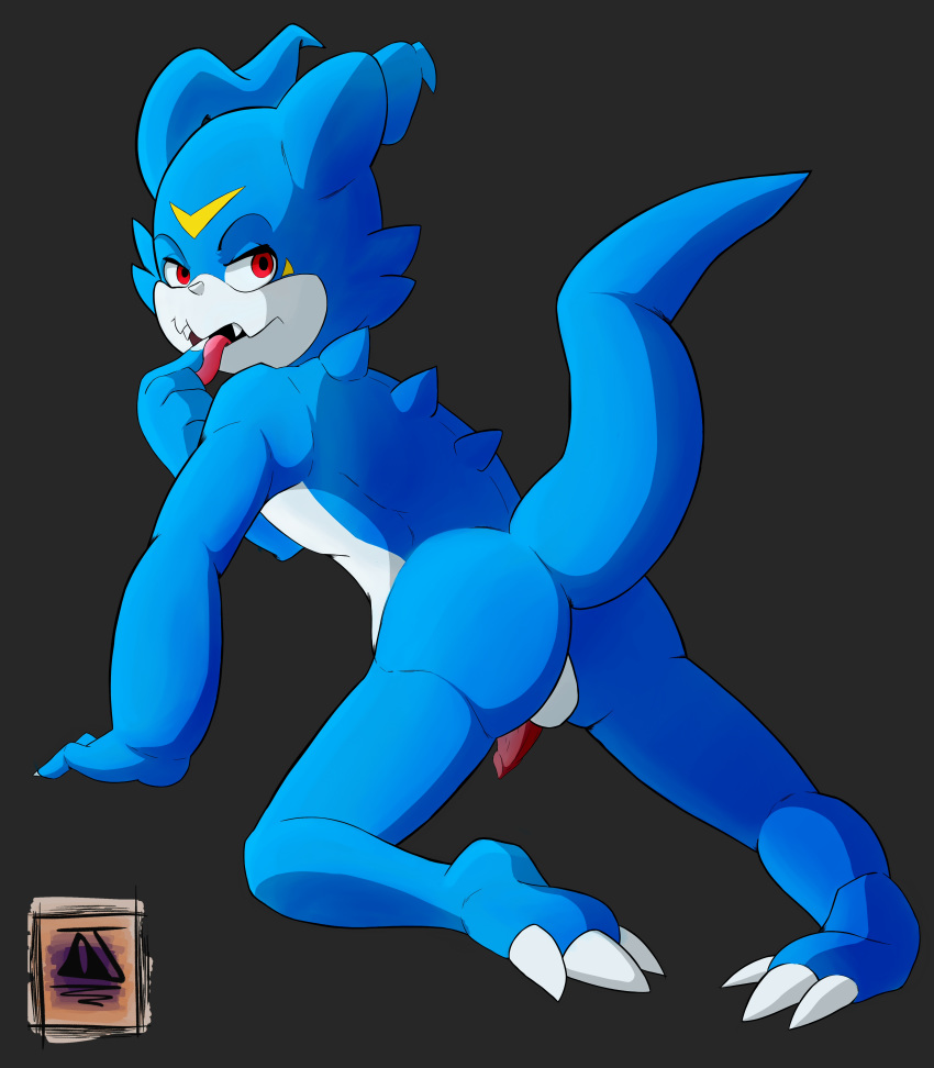 anthro ass blue_skin claws digimon doritomon looking_at_viewer male male_only penis pose presenting raised_tail red_eyes simple_background solo tongue veemon