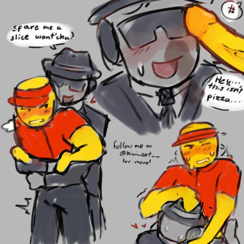 2boys black_glasses black_hat black_headwear black_suit black_tie blowjob blush chance_(forsaken) dubious_consent duo elliot_(forsaken) elliot_(work_at_a_pizza_place) english_text facewear fedora forsaken_(roblox) gay glasses gray_background gray_body grey_skin hand_on_head hand_on_head_blowjob hat headwear holding_head kiwi_art__ male on_knees one_eye_closed open_mouth questionable_consent rape red_cap red_hat roblox roblox_game robloxian standing sucking_penis suit sweat sweatdrop sweating text text_bubble tie yellow_body yellow_skin