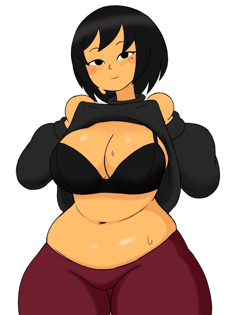 1girls ava_(gazoogaloo) black_bra black_eyes black_hair black_sweater black_turtleneck black_turtleneck_sweater blush bra breasts burgundy_pants cleavage clothes clothes_lift female large_breasts looking_at_viewer mii mole mole_under_eye navel nintendo oc pants short_hair simple_background solo solo_female solo_focus stronkbonk sweat sweater turtleneck turtleneck_lift turtleneck_sweater white_background