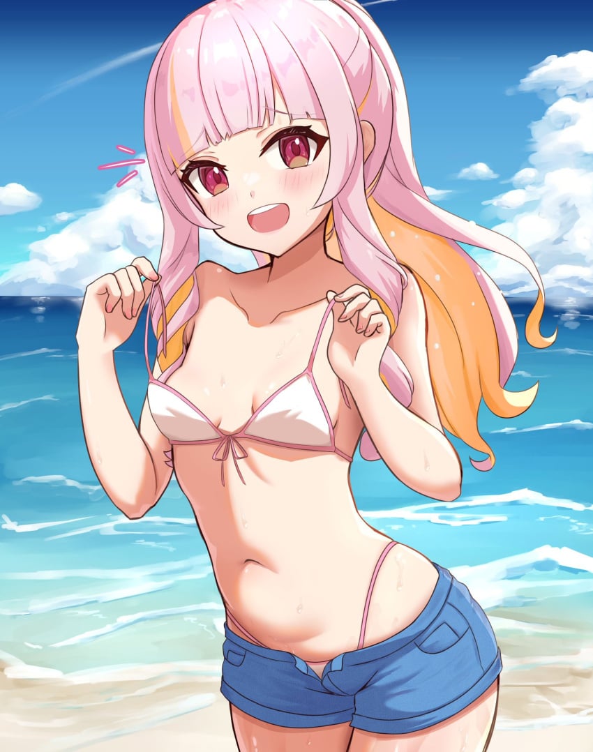 1girls bare_midriff bare_shoulders beach beach_background belly_button bikini blush exposed_shoulders exposed_torso female hi_res highres light_orange_hair looking_at_viewer mouth_open navel nijisanji nijisanji_en open_mouth pink_hair red_eyes rosemi_lovelock sea short_shorts shorts small_breasts solo solo_female solo_focus sweat sweating sweaty telomere tummy two_tone_hair unbuttoned_shorts undone_bra virtual_youtuber water