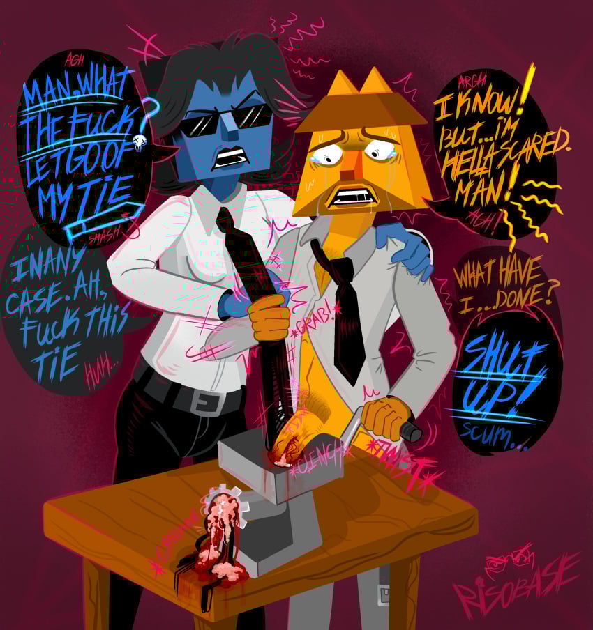 angry_female annoyed blood blum_(risobase) bright_colors brutal catleps_(gangpol_und_mit) colorful detailed dialogue digital_drawing_(artwork) digital_media_(artwork) distressed english_text extreme_content gangpol_and_mit genital_mutilation good_quality gore hd highres mean meat_grinder minced_meat neon_text pain pink_background redrawn risobase visual_details