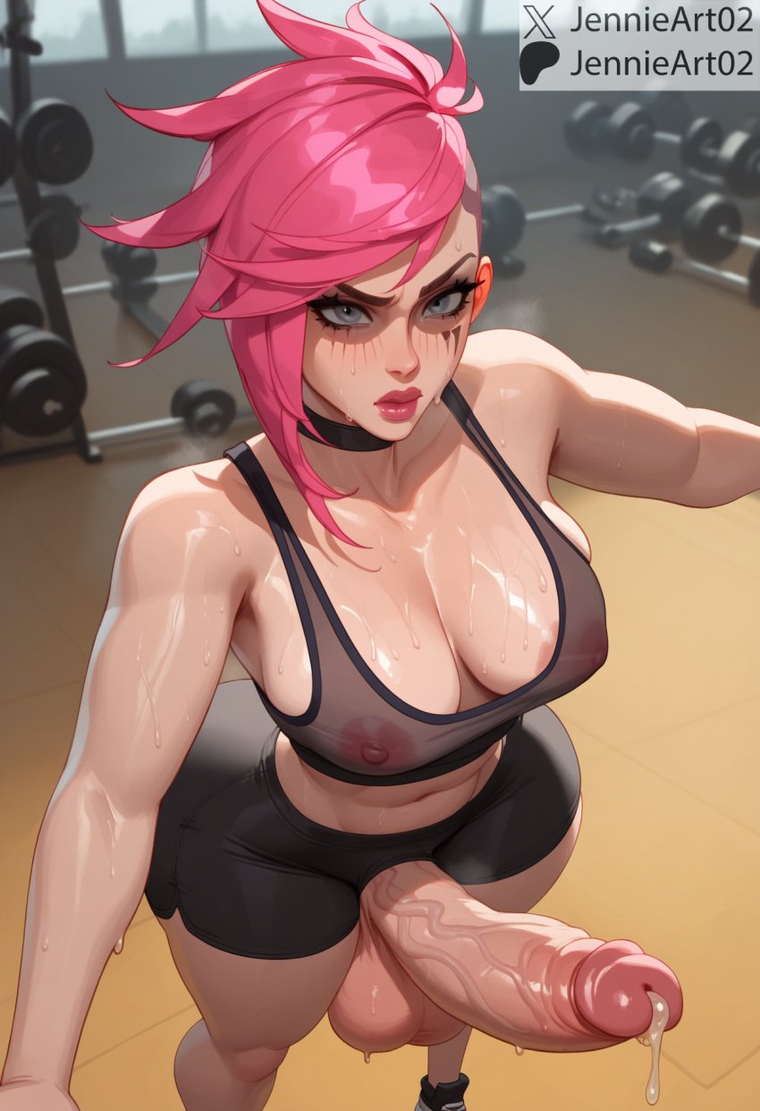 1futa 1futanari ai_generated areolae asymmetrical_hair balls bangs bare_shoulders black_shorts blue_eyes blush bra breasts choker cleavage clothing covered_nipples crop_top dumbbell english_text erection exercise female futa_only futanari gym huge_cock intersex intersex_only jennieart02 large_balls large_breasts large_penis large_testicles league_of_legends light_skin lips looking_at_viewer makeup muscles navel nipples patreon patreon_logo patreon_username penis pink_hair precum precum_drip runny_makeup see-through self_upload semen short_hair shorts solo sports_bra sportswear standing sweat tank_top tattoo testicles thick_thighs thighs twitter twitter_username underwear veins veiny_penis vi watermark weightlifting weights wet