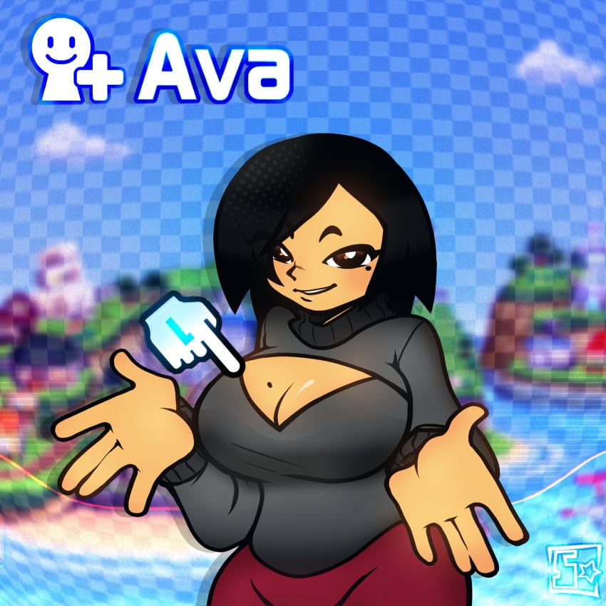 1girls ava_(gazoogaloo) black_eyes black_hair black_sweater black_turtleneck black_turtleneck_sweater blush breasts burgundy_pants cleavage cleavage_cutout cursor female large_breasts mii mole mole_on_breast mole_under_eye nintendo oc pants short_hair solo solo_female solo_focus starkystuffs sweat sweater tomodachi_life turtleneck