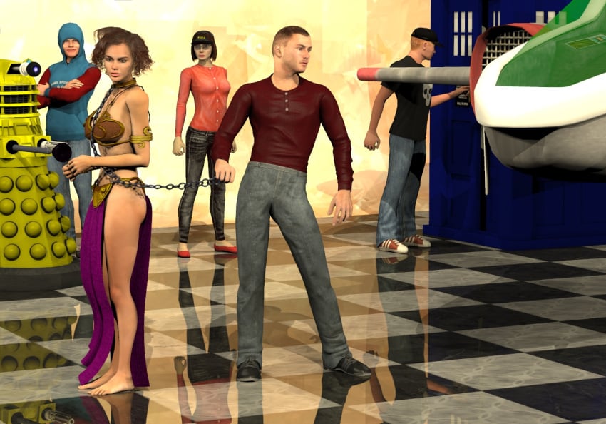 2girls 3boys 3d chain_leash cosplay dalek female male maledom original slave_leia_(cosplay) tardis turnkey97