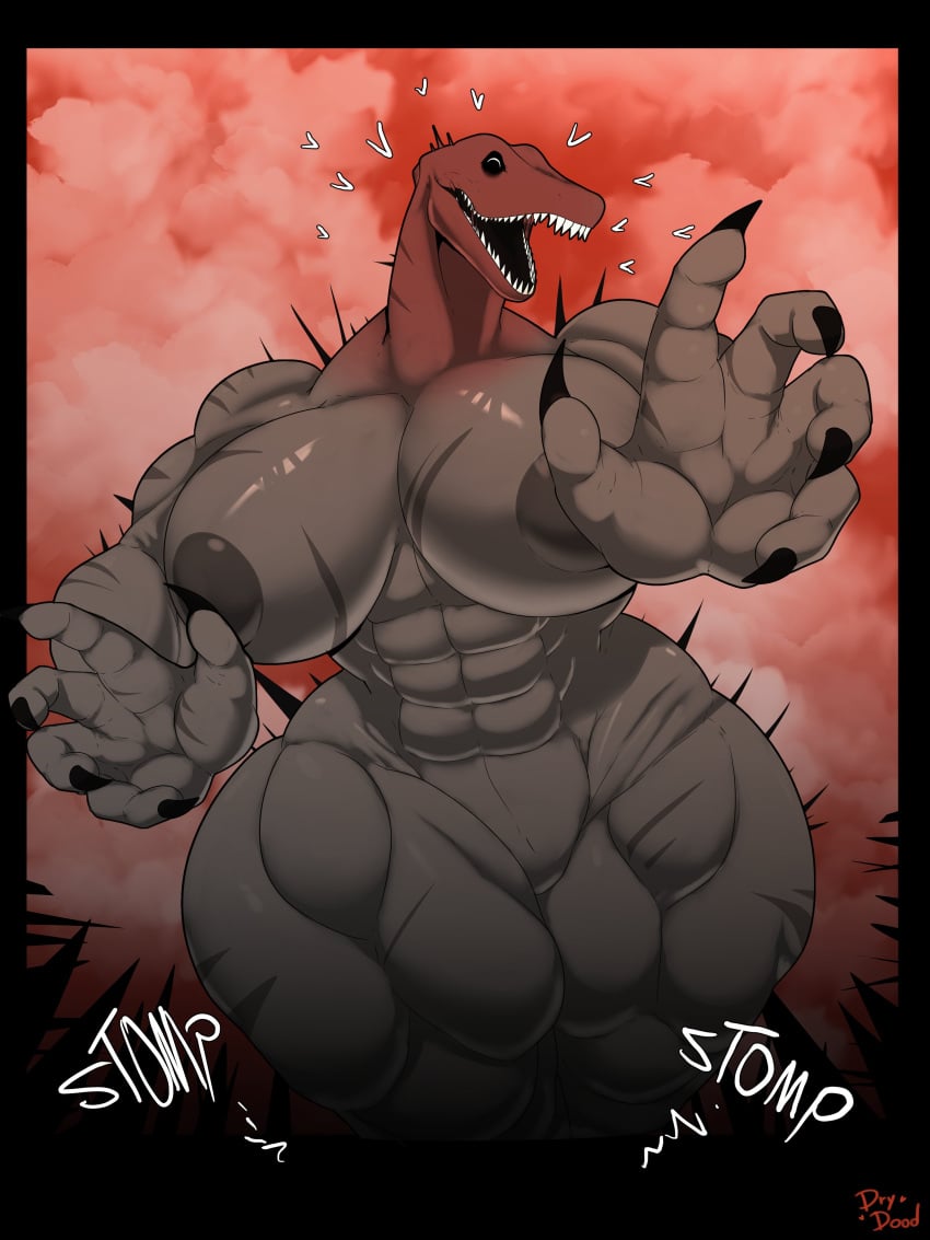 abs athletic athletic_female biceps big_breasts bloodbath breasts clouds dark_grey_body deltoids dorsal_spikes drydude female forearm_muscles godzilla horror_(theme) huge_breasts looking_at_viewer monster monster_female mouth_open muscular muscular_female muscular_thighs nipples nude nude_female reaching_towards_viewer red_background serratus_anterior sharp_claws solo solo_female teeth_showing trapezius triceps