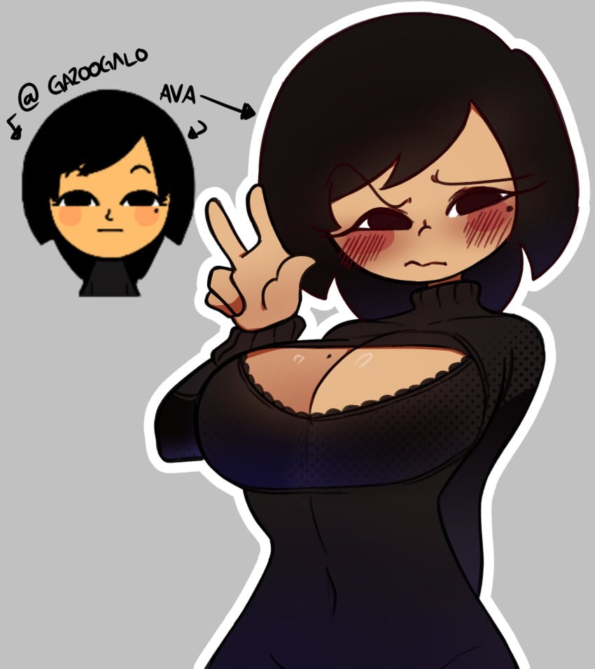 1girls ava_(gazoogaloo) black_bra black_eyes black_hair black_sweater black_turtleneck black_turtleneck_sweater blush bra bra_peek breasts cleavage cleavage_cutout covered_navel female gray_background grey_background large_breasts looking_at_viewer mii nintendo oc short_hair simple_background sweater turtleneck usmangaa v v_sign