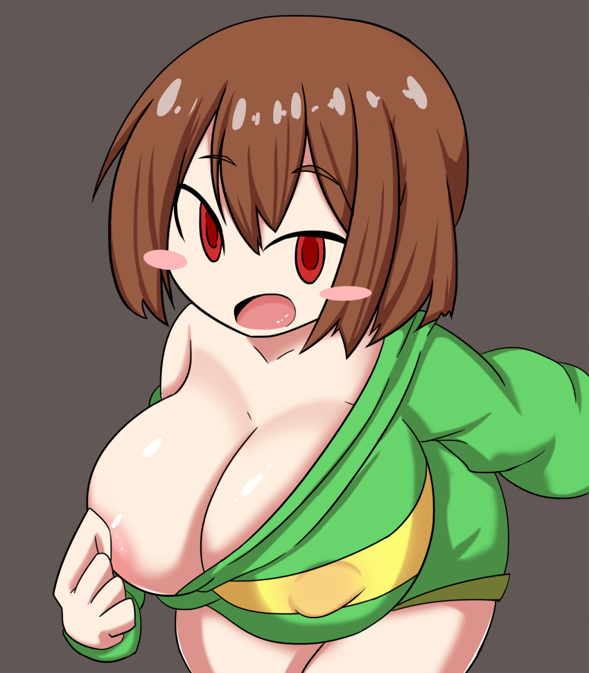 1girls 2d bent_over big_breasts bottomless breasts brown_hair chara chibi eye_contact fae-sama female female_only green_sweater huge_breasts human human_female human_only hypnotized_presentation hypnotized_undressing nipple_bulge no_bra no_panties no_pants open_mouth petronoise pink_cheeks red_eyes short_hair simple_background smile solo toby_fox undertale undertale_(series)