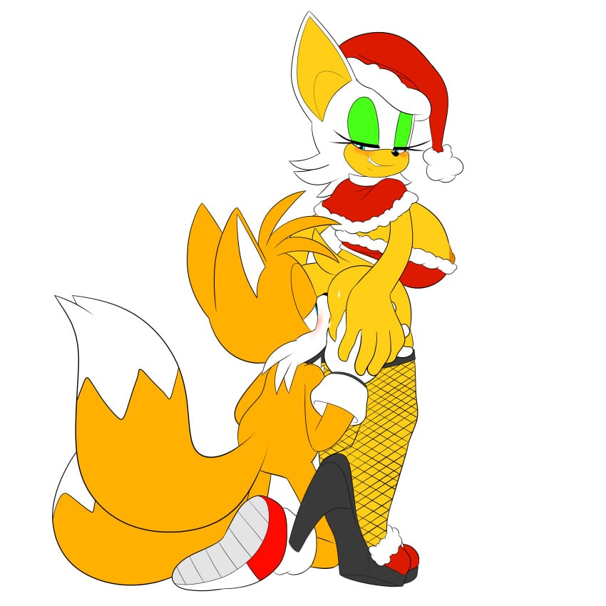 anal anthro ass bat big_breasts blue_eyes blush breasts canine christmas clothing duo eyelashes female fishnet footwear fox fur gloves grin half-closed_eyes high_heels holidays kneeling looking_back male mammal nipples oral ravnic rimming rouge_the_bat sex shoes simple_background smile sonic_(series) standing straight sweat tails