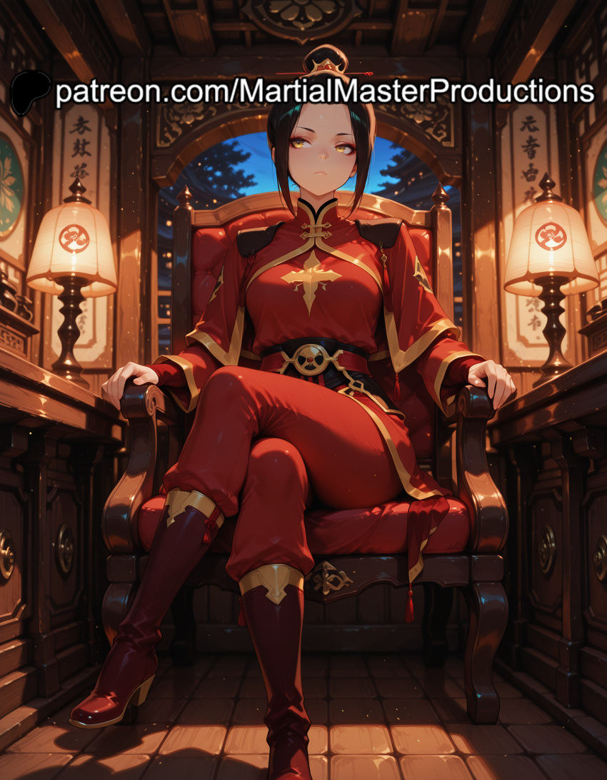 ai_assisted ai_generated architecture avatar_the_last_airbender azula black_footwear black_hair boots chinese_clothes closed_mouth cloud east_asian_architecture female full_moon hair_bun knee_boots lantern long_sleeves makeup martial_master_productions moon night night_sky pants patreon short_hair sidelocks sitting sky solo yellow_eyes