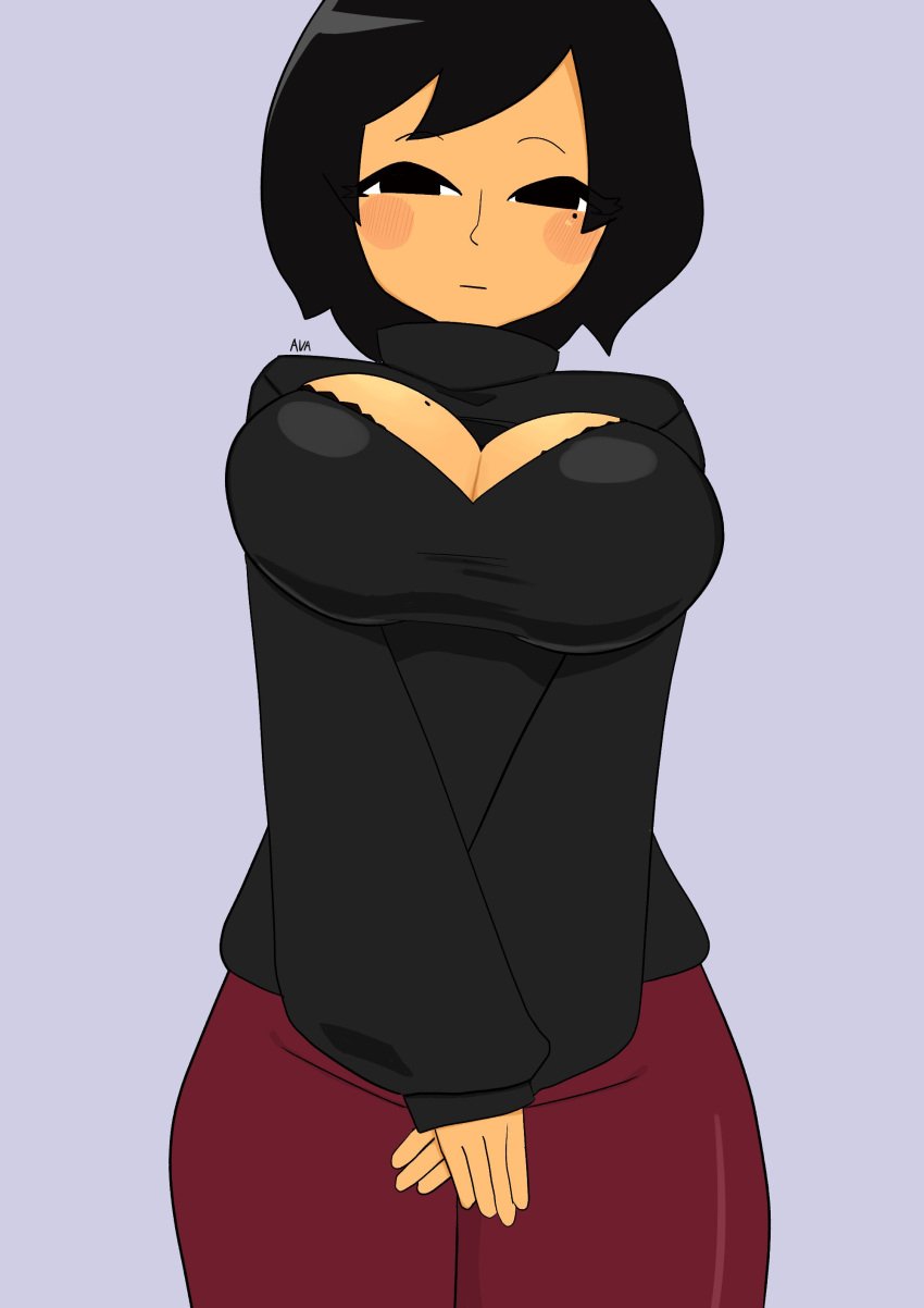 1girls ava_(gazoogaloo) black_bra black_eyes black_hair black_sweater black_turtleneck black_turtleneck_sweater blush bra bra_peek breasts burgundy_pants cleavage cleavage_cutout female large_breasts long_sleeves looking_at_viewer mii mole mole_on_breast mole_under_eye nintendo oc pants roiyarutakenoko short_hair sweater turtleneck turtleneck_sweater