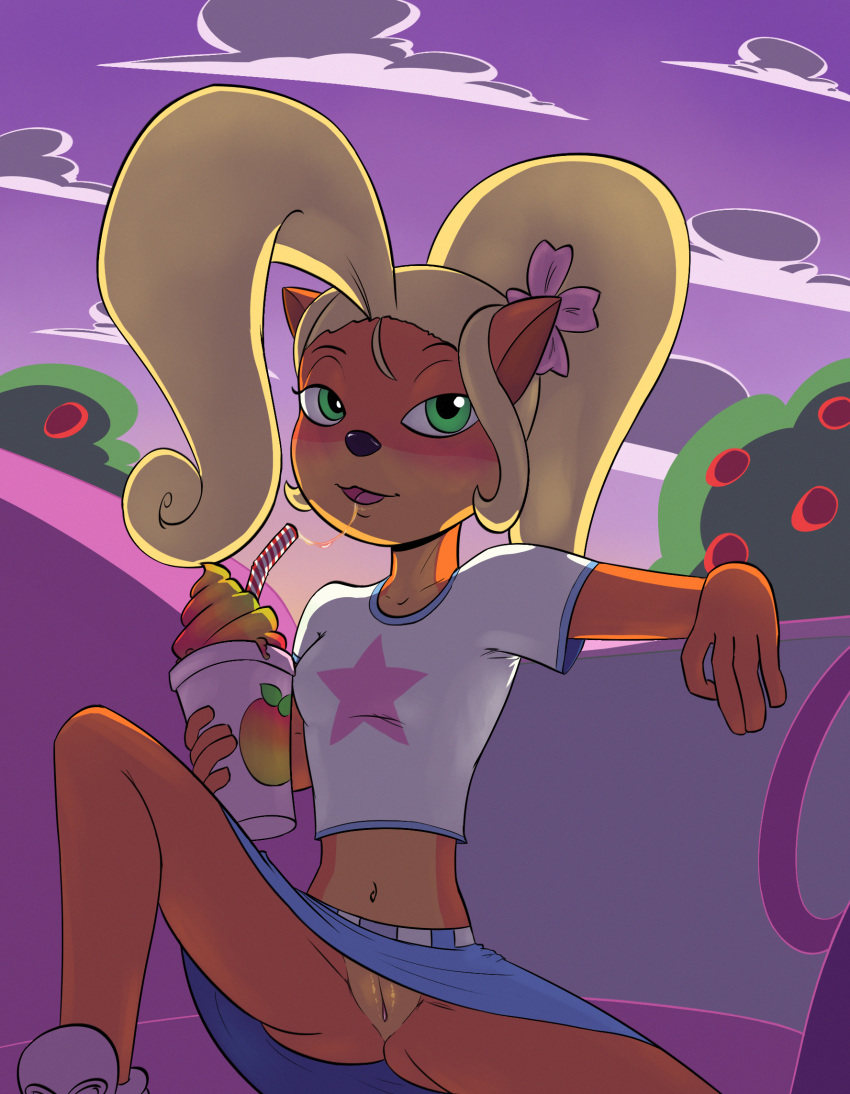 anthro bandicoot beverage blush breasts clothed clothing coco_bandicoot crash_(series) cute eyelashes female flower green_eyes hair long_hair mammal marsupial plant presenting pussy smile soulcentinel sunset video_games wumpa_fruit wumpa_whip