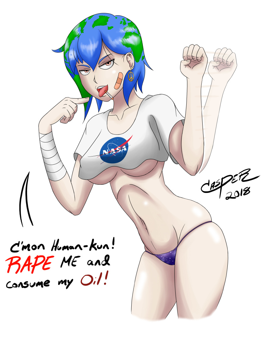 blue_hair casper_(artist) cigarette dialogue earth-chan gesture nasa navel panties short_shirt tongue_out