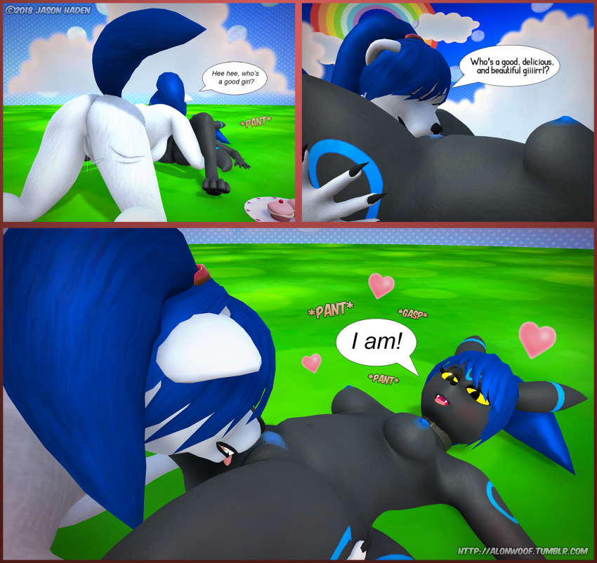 2018 3d alon alonwoof anthro ass bare_sands black_fur blue_hair blue_tail blush breasts canine claws collar comic cunnilingus eeveelution english_text female fluffy fluffy_tail fur hair licking mammal multicolored_fur nintendo nipples nola_(alonwoof) nude open_mouth oral pokémon_(species) pokemon pokemon_amie pubes pussy pussy_juice sex shiny_pokémon slightly_chubby smile text tongue tongue_out umbreon vaginal_penetration video_games white_fur wolf yuri