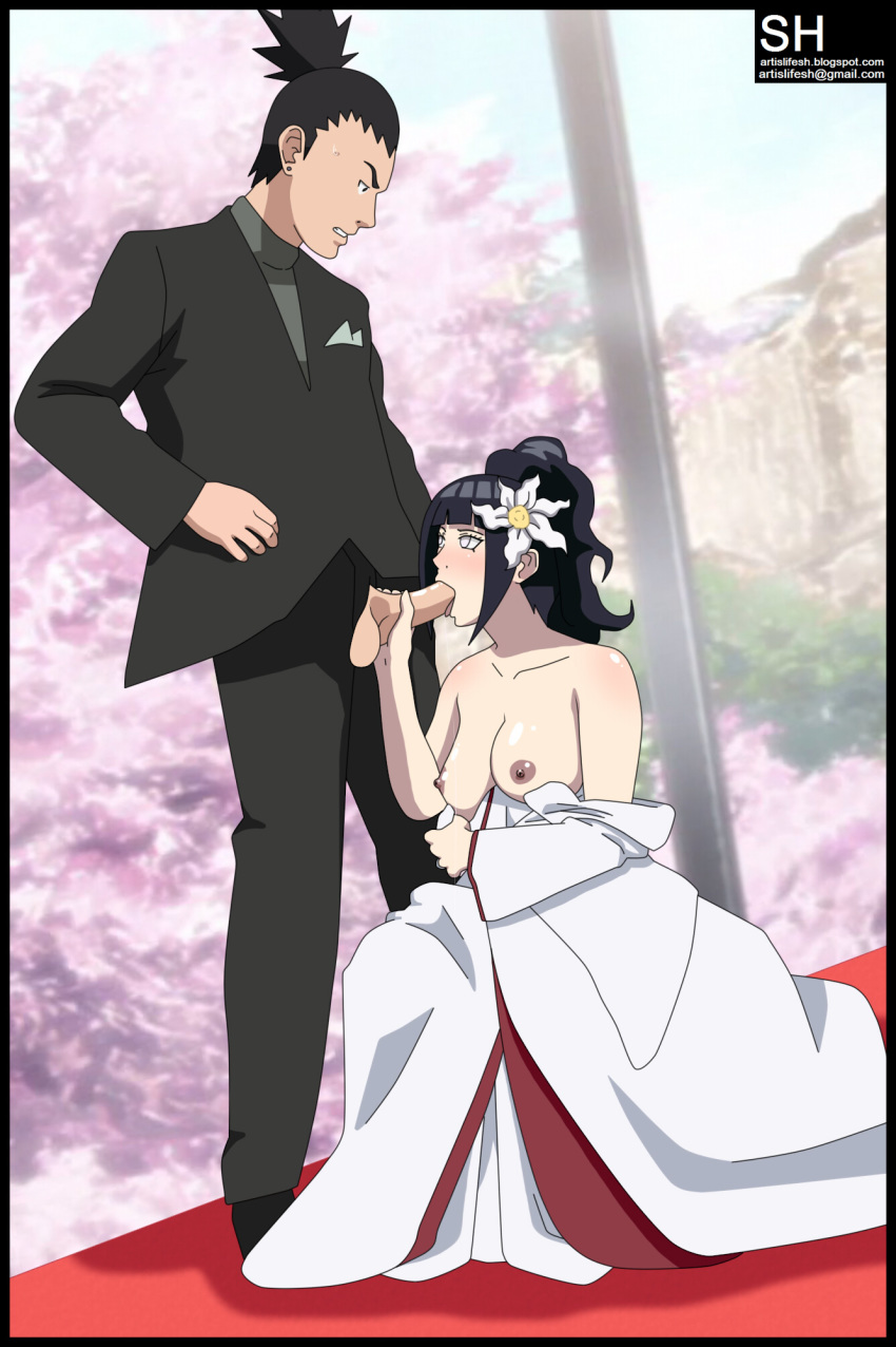 big_breasts black_hair blue_hair breasts bride cheating cheating_on_wedding_day cuckold dress fellatio flower handjob hyuuga_hinata nara_shikamaru naruto naruto:_the_last netorare ninja ntr oral penis shika-hina