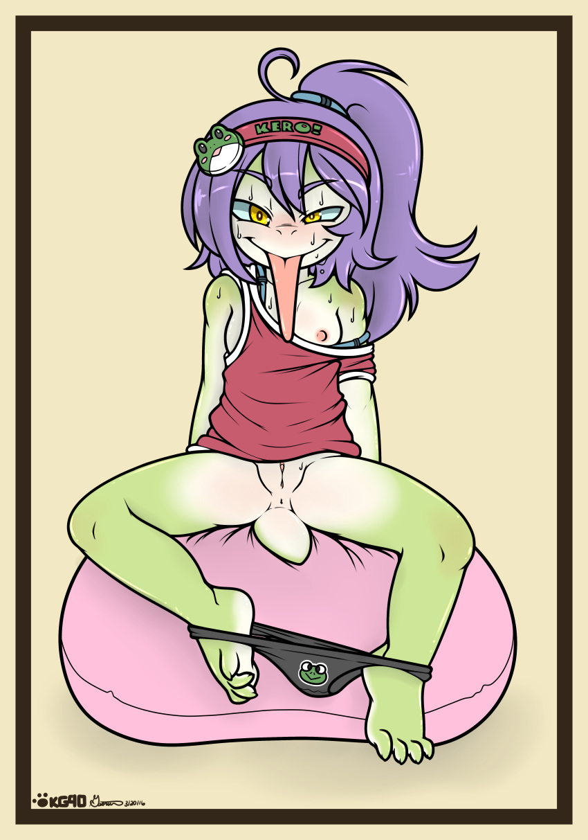 absurd_res amphibian anthro anus breasts clothed clothing female frog gaoru_(artist) hair hi_res nipples panties partially_clothed presenting pussy simple_background smile solo tongue tongue_out underwear