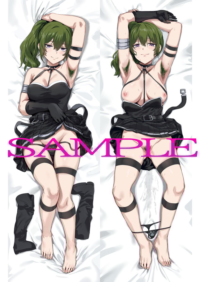 absurdres arm_strap armpit_hair armpits arms_up barefoot black_dress black_gloves black_panties boots breasts censored censored_by_text choker clothes_pull commentary_request dakimakura_(medium) dress dress_pull feet female female_pubic_hair full_body gloves green_hair hews highres jitome large_breasts looking_at_viewer lying nipples no_panties o-ring o-ring_choker on_back on_bed panties panties_around_ankles panty_pull pleated_dress presenting_armpit pubic_hair purple_eyes pussy_juice_stain sample_watermark second-party_source side_ponytail single_glove smile sousou_no_frieren suspenders_hanging sweat sweaty_armpits thigh_strap thighs toes ubel_(sousou_no_frieren) underwear unworn_boots watermark