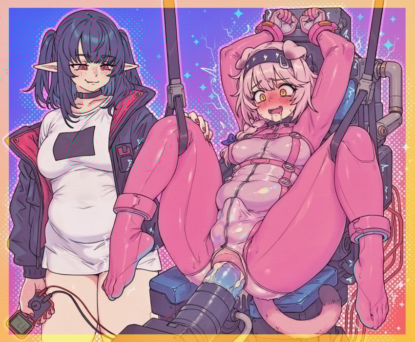 1futa 1girls ahe_gao anal arknights blue_hair bodysuit breasts bulge bulge_through_clothing caffichai catgirl chubby closure_(arknights) drooling elf_ears erection_under_clothes female fucking_machine futanari goldenglow_(arknights) latex open_mouth orange_eyes penis pink_hair red_eyes restrained skin_tight tail tummy