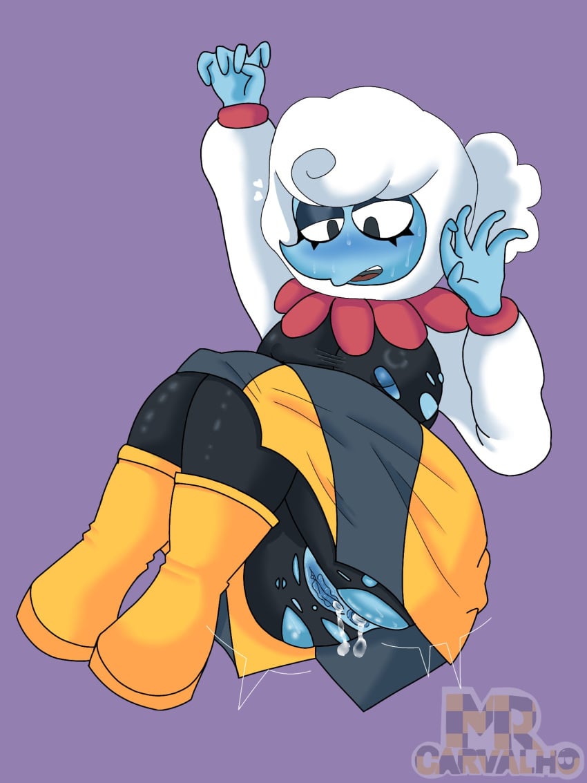 blue_eyes blush clothed clothing deltarune deltarune_chapter_3 elnina_(deltarune) mrcarvalho one_color_background pussy pussy_juice pussy_squirt simple_background twitter_username