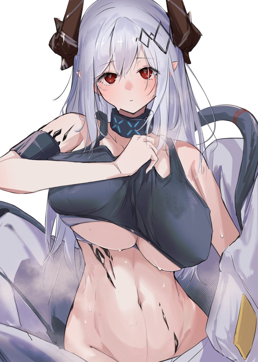 arknights breasts covered_erect_nipples covered_navel crop_top demon_girl demon_horns female grey_hair highres horns infection_monitor_(arknights) kurokuro_rakuga large_breasts long_hair looking_at_viewer material_growth mudrock_(arknights) oripathy_lesion_(arknights) pointy_ears red_eyes simple_background solo stomach sweat underboob very_long_hair very_sweaty white_background