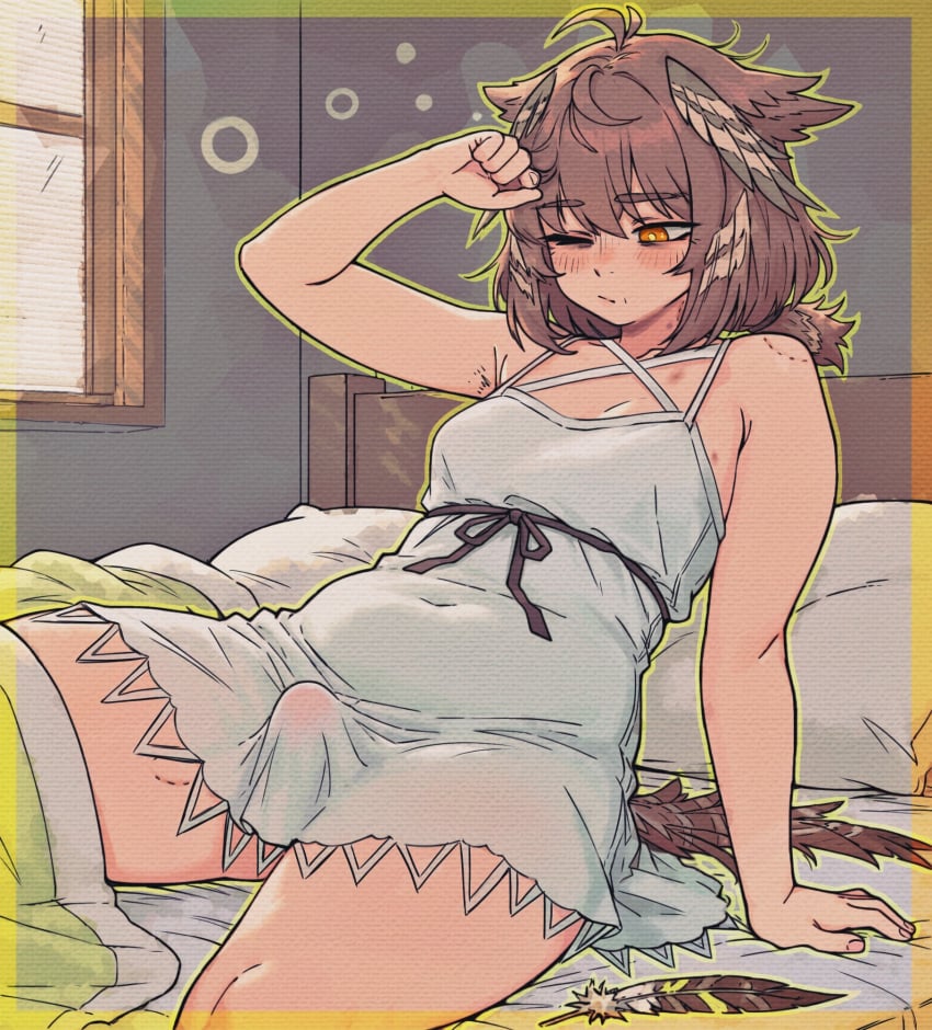 1futa amber_eyes arknights brown_hair caffichai dress erection_under_clothes fully_clothed futa_only futanari silence_(arknights) sleepy small_penis solo thighs tummy