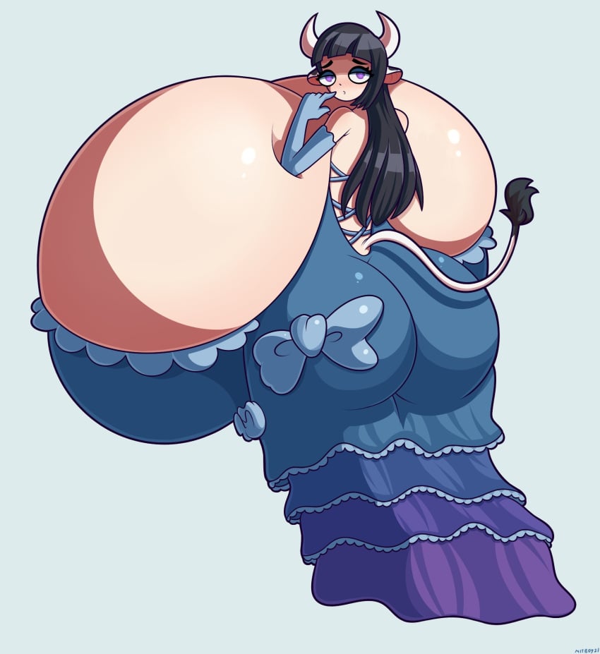 1girls breasts_bigger_than_head breasts_bigger_than_torso bursting_breasts cow_girl cow_horns cowgirl dress female hyper hyper_breasts long_hair looking_at_viewer looking_back m1lky8008 massive_breasts presenting_hindquarters princess shy solo_female tagme