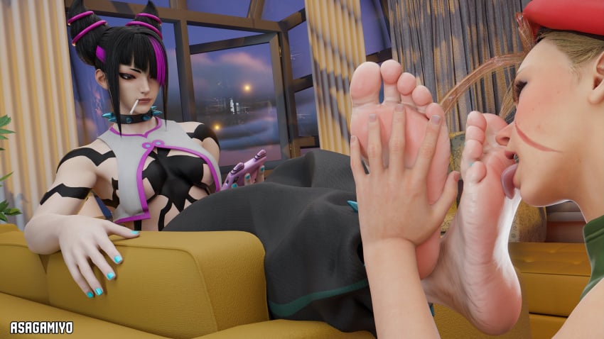 2girls 3d asagamiyo cammy_white capcom closed_eyes clothed clothed_female clothing duo duo_female duo_focus feet feet_focus feet_licking feet_up feet_worship female female_focus female_only femdom femsub fingernails foot_fetish foot_focus foot_lick foot_worship hair_cones juri_han licking_foot lollipop lollipop_in_mouth nail_polish nonchalant on_phone sitting sitting_on_couch soles street_fighter street_fighter_6 toenail_polish toenails