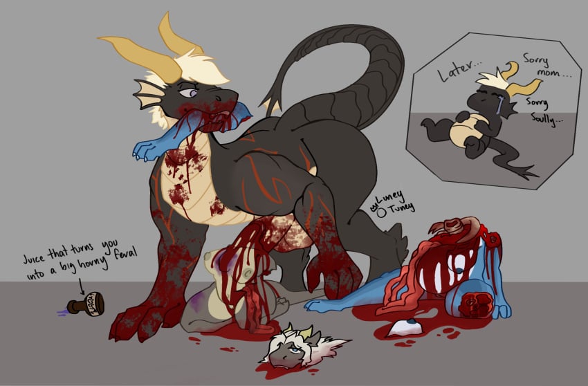 after_rape after_sex amputated_leg anthro anthro_on_feral apology bisected blood blood_on_body blood_on_penis blood_splatter bodily_fluids bruised cannibalism death decapitation deep_throat dragon female feral forced gore group guts hard_vore hi_res horny_juice incest_(lore) intestines lizard luneytuney male male/female mythological_creature mythological_scalie mythology necrophilia oral oral_penetration organs pectoral_bulge penetration rape reptile scalie sex size_difference snuff soully_(character) spine trio vore zoophilia