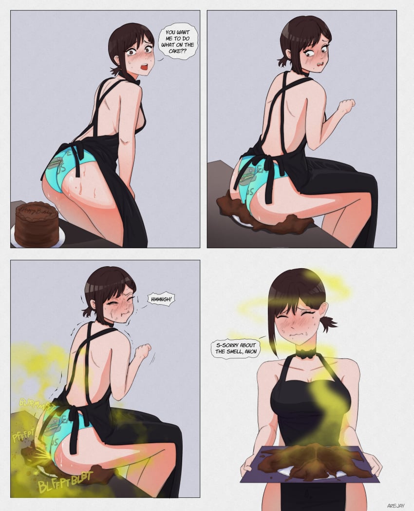 apron apron_only arejay ass birthday_cake blush blush_lines blushing_at_viewer brown_hair bubble_ass bubble_butt cake cake_farting cake_farts chainsaw_man embarrassed embarrassed_female english_text fart fart_cloud fart_fetish farting farting_on_food fat_ass female grossed_out kobeni_higashiyama simple_background talking_to_viewer